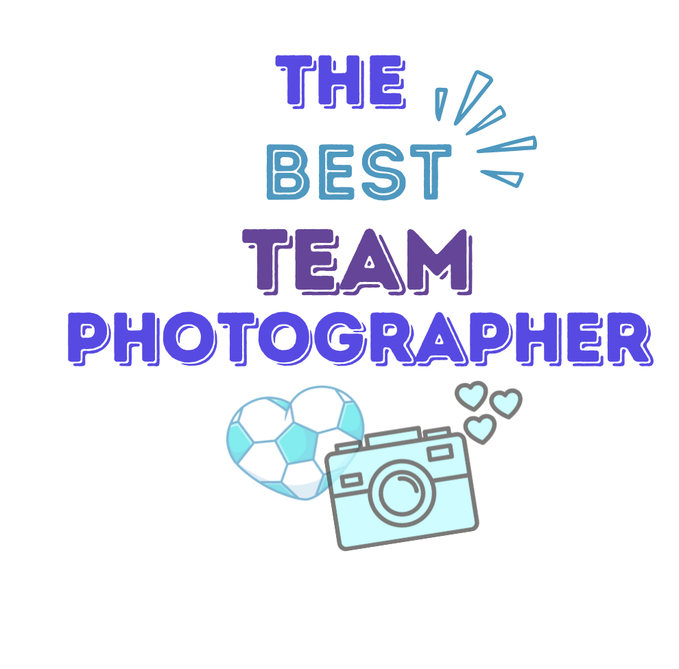Text in blue saying the best team photographer with the image of a camera and heart with soccer ball print.