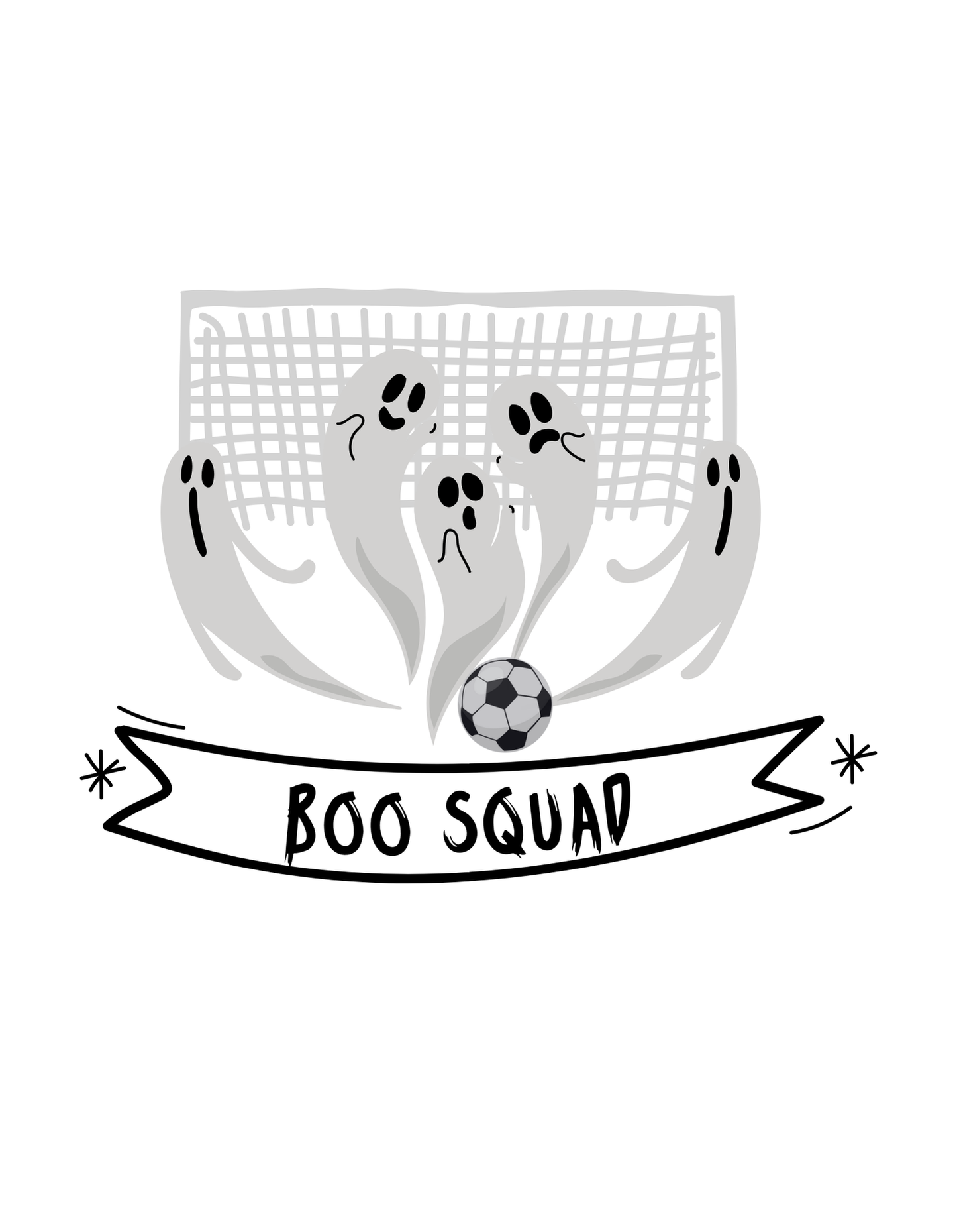 Graphic of grey ghosts playing soccer with a goal behind and the text Boo Squad.