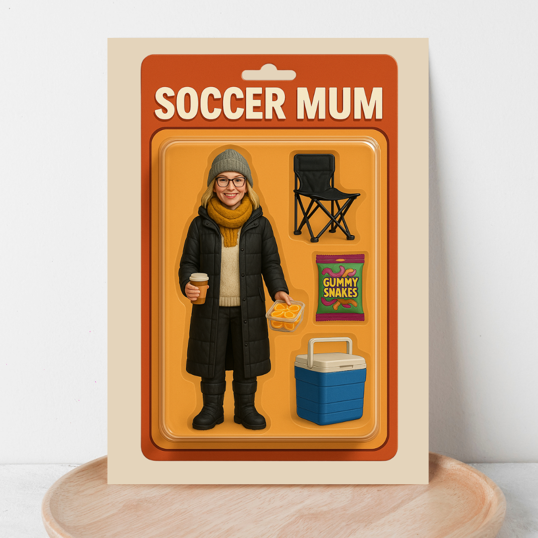 Tan coloured greeting card with an image of a boxed action figure called soccer mum. In the bubble packaging is a mum in a black coat, with scarf and hat holding coffee and sliced oranges. Her accessories are an esky, packet of gummy snakes and folding chair, with an orange back card.
