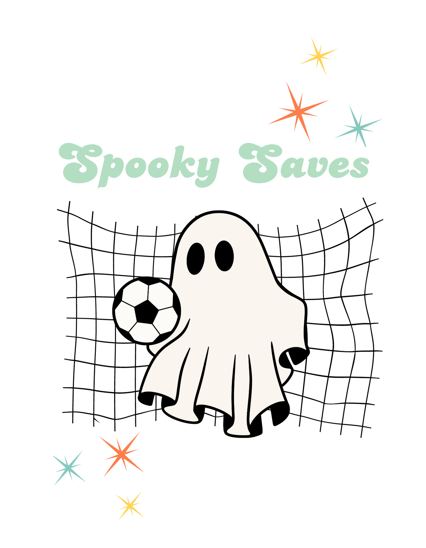 Graphic with the words spooky saves above a ghost goal keeper with soccer ball in front of goal net.