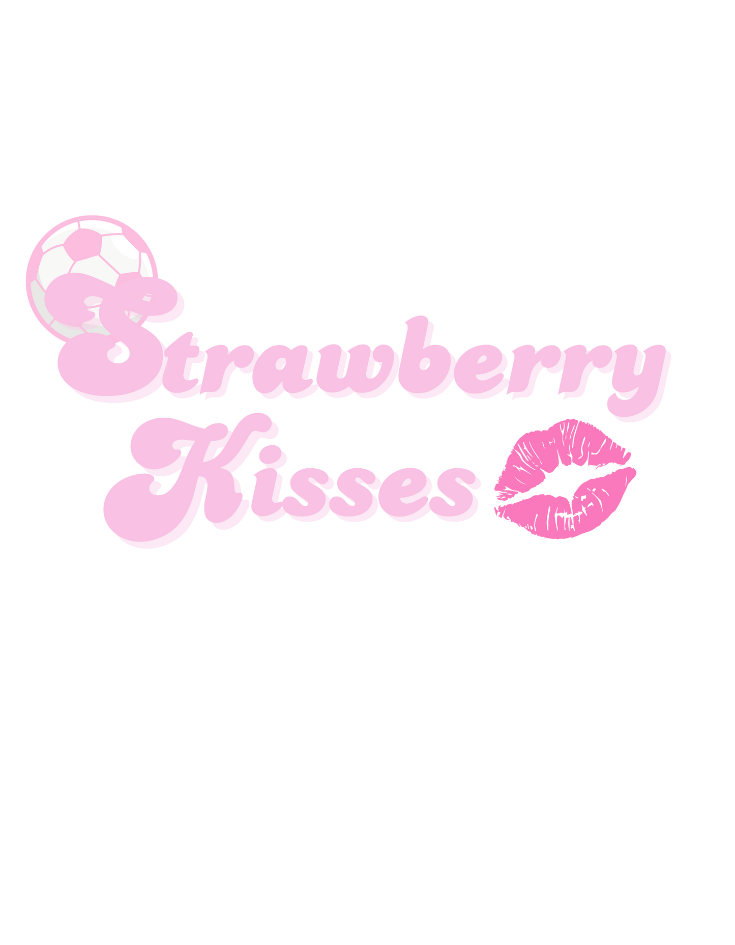Strawberry Kisses text in pink with pink soccer ball image and pink set of lips