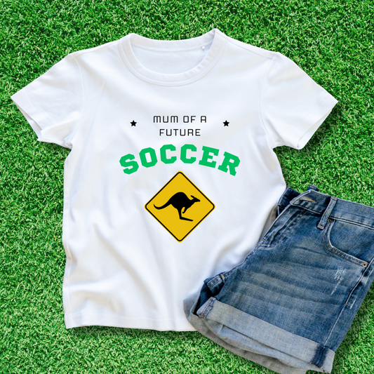 Mum of a Future Soccer written in text followed by a yellow road sign with a kangaroo on it