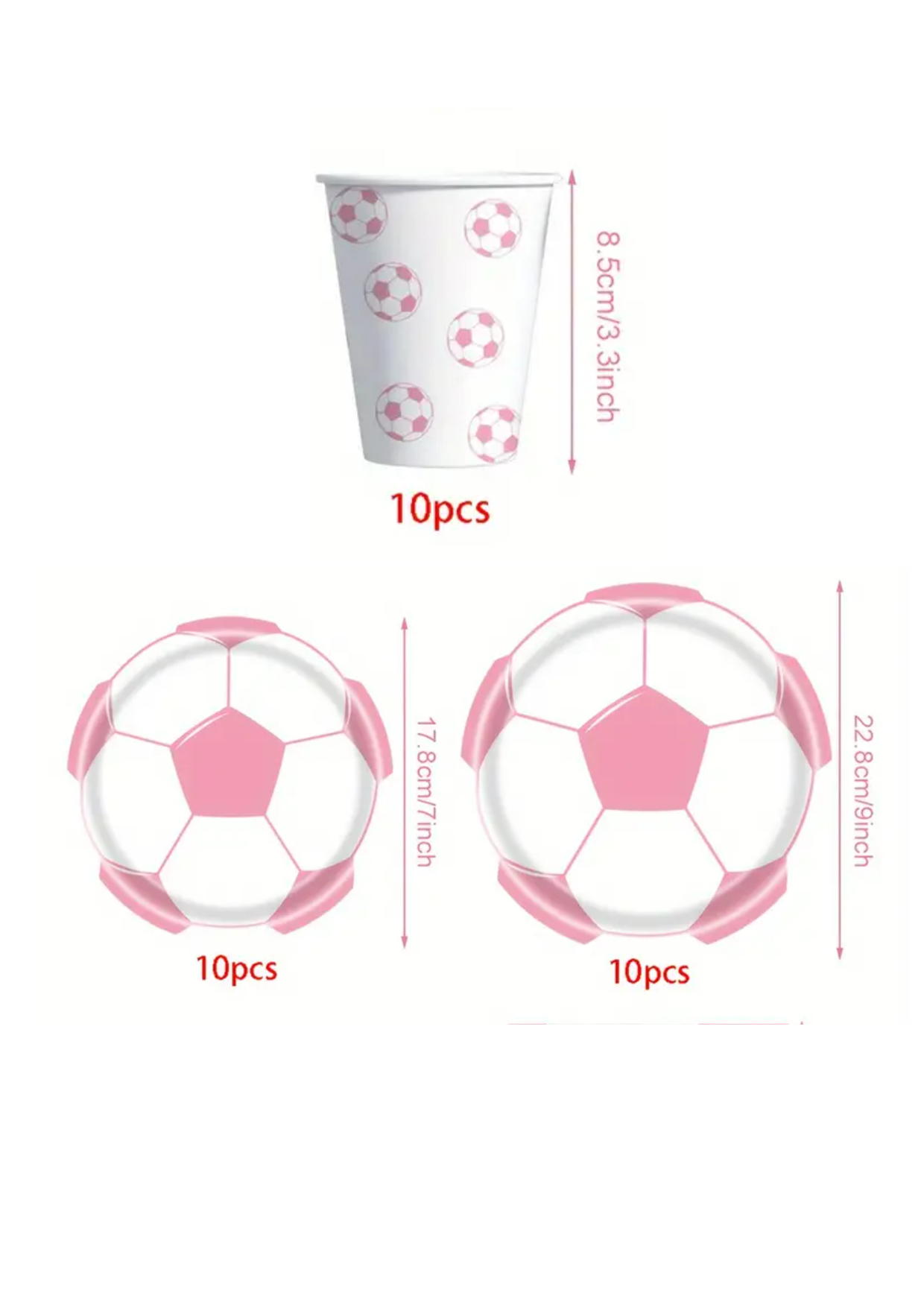 Image of Pink soccer ball theme paper plates and paper cups showing their sizes.